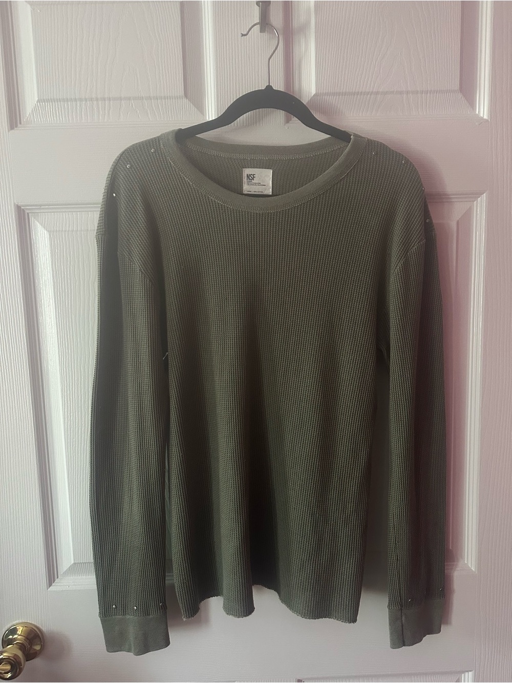 NSF Unisex Olive Green Crewneck Thermal Sweater with Stud Accents